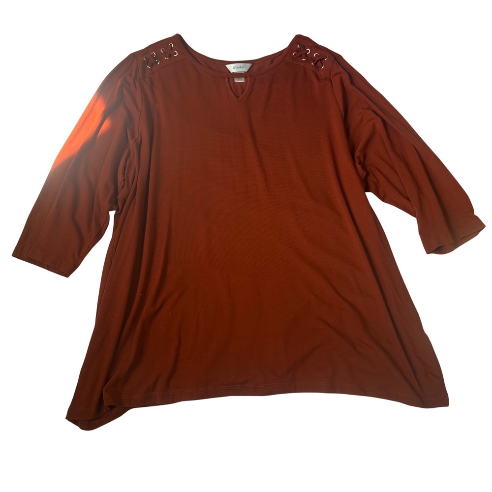 CJ Banks Rust Orange Lace Up Shoulder Top 2X Keyhole Neck 3/4 Sleeve Knit Blouse